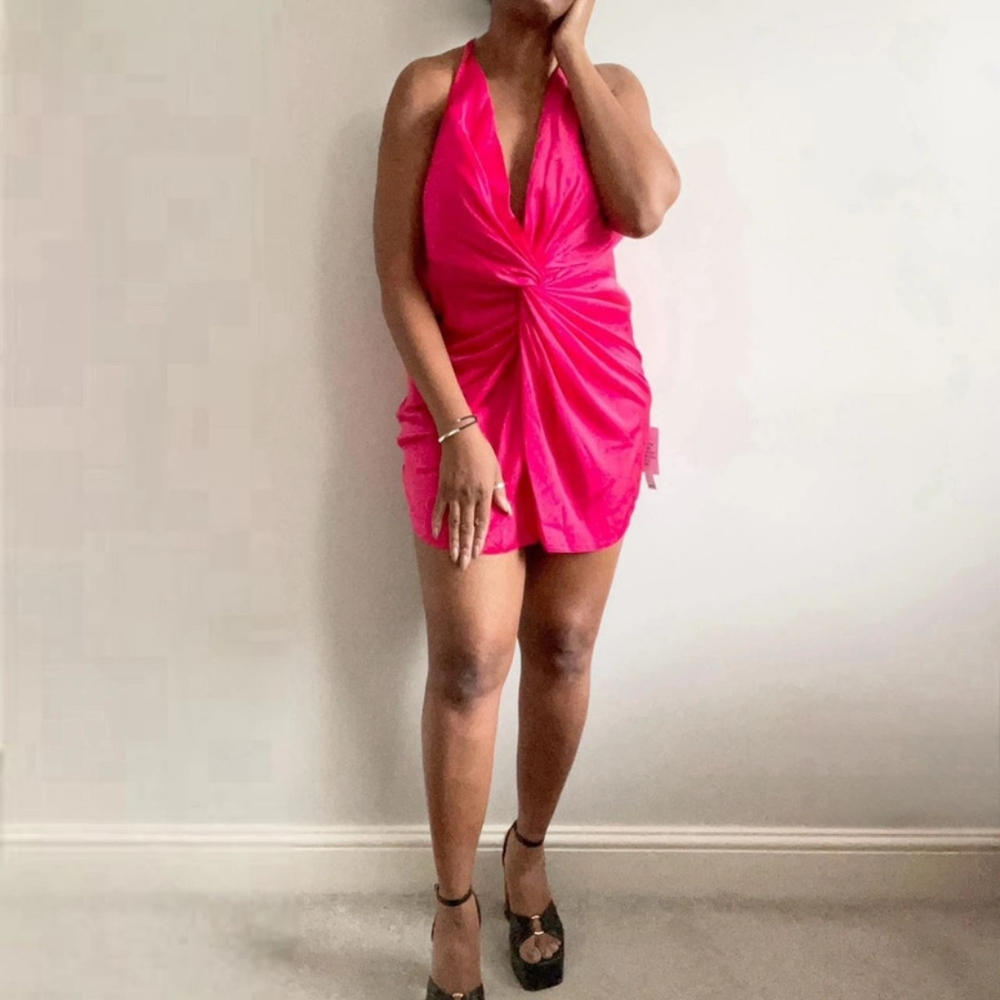 Asos fuchsia pink satin twist detail mini dress